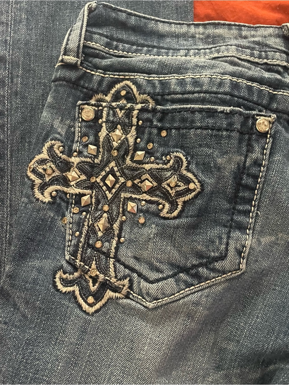 Y2K Miss Me Embellished Blue Denim Jeans with Cross Pocket Detail